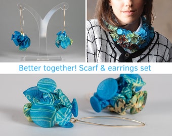 Avant Garde Jewelry Set, Fabric Jewelry Set, Statement Choker Necklace, Blue Fabric Necklace, Blue Statement Earrings, Fabric Earrings