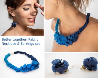 Blue Jewelry Set, Unique Jewelry Set, Choker Necklace, Bib Necklace, Blue Necklace, Dangle Earrings, Unique Earrings, Long Earrings