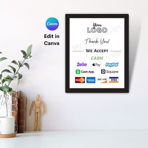 Peut inclure: Un panneau encadr&eacute; noir avec le texte "Your Logo", "Thank You!", et "We Accept", suivi des logos des m&eacute;thodes de paiement : Cash, Zelle, Apple Pay, PayPal, Cash App, Square, Mastercard, American Express, Discover, et Visa.