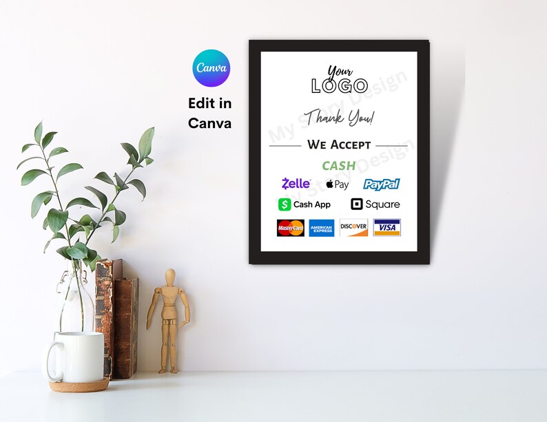 Peut inclure: Un panneau encadr&eacute; noir avec le texte "Your Logo", "Thank You!", et "We Accept", suivi des logos des m&eacute;thodes de paiement : Cash, Zelle, Apple Pay, PayPal, Cash App, Square, Mastercard, American Express, Discover, et Visa.