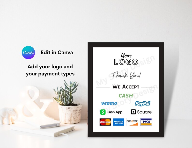 Peut inclure: Un panneau encadr&eacute; avec une bordure noire affiche "Your Logo, Thank You! We Accept" suivi des options de paiement : Venmo, PayPal, Cash App, Square et les principales cartes de cr&eacute;dit. Le panneau est sur une surface blanche.