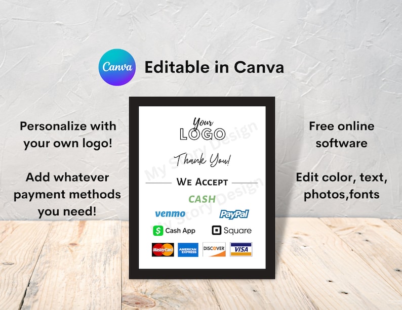 Peut inclure: Un panneau encadr&eacute; noir avec le texte "Your Logo, Thank You! We Accept" et des options de paiement, y compris Cash App, Venmo, PayPal et cartes de cr&eacute;dit. Le panneau est modifiable dans Canva.