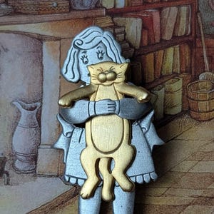 Vintage JJ Jonette Silver Tone Pewter Girl Holding Cat Brooch
