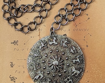 Vintage Silver Tone Zodiac Medallion Necklace
