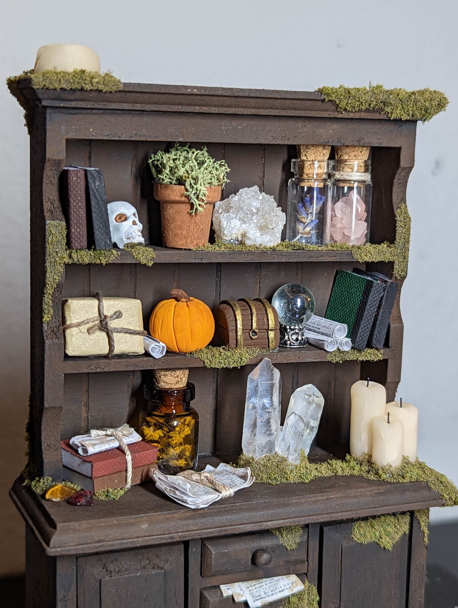 Mossy Mage Cabinet, Miniature Witch Cabinet, Magical Items