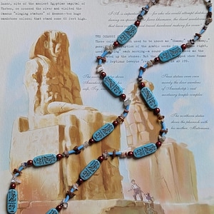 Egyptian Revival Molded Glass Cartouche Hieroglyphics With Chip Bead Gemstones Necklace