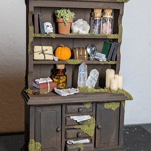 Mossy Mage Cabinet, Miniature Witch Cabinet, Magical Items, Apothecary Potions Cabinet, Halloween, Halloween Decor, 1:12 Scale Miniature