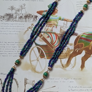 Vintage Blue and Green Glass Seed Beaded Necklace With Gold Tone Accents