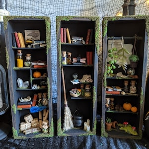One of a Kind Magic Mage Miniature Shelves, Potions and Spells, Miniature Cabinet, Halloween, Halloween Decor, 1:6 Scale Miniature