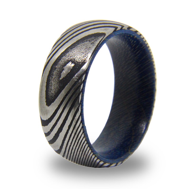 Damascus Steel Blue Elder Wood Burl Mens Ring Etsy