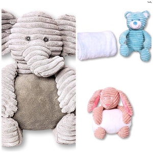 May include: A set of three plush toys: a grey elephant, a blue bear, and a pink bunny. Each toy has a soft, textured fabric and a white, plush belly.