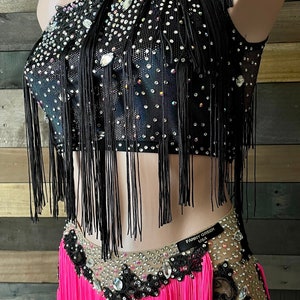 Womens Performance Dance Costume in Black and pink with fringes Dance Tassel Dress