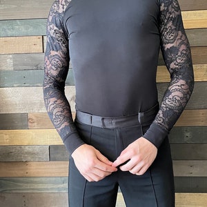 Men&#39;s Latin Dance Top: Long Sleeve Lace Turtleneck Performance Shirt
