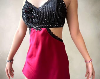 Burgundy Satin Lyrical Dance Costume, Contemporary Rhinestone Slip Dress, Asymmetrical Design