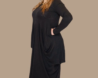 Black Drape Dress, Extravagant Midi Dress, Avant Garde Dress, Slow Fashion, Capsule Wardrobe