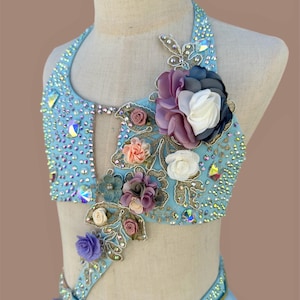 Lyrical Dance Dress for Girls Solo, Baby Blue Pastel Costume with Rhinestones, Ballet or Contemporary Performance Outfit