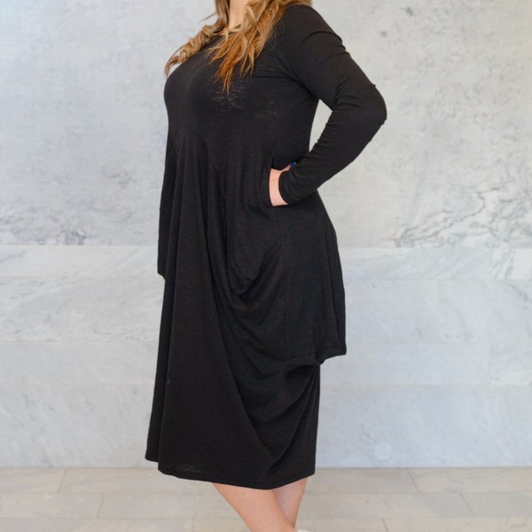 Solid Midi Draped Dress with Pockets, Flattering Fit, Soft, Stretchy Comfortable Attire, Gift for Women, Gift for Mom