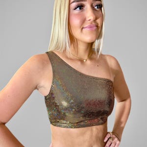 Holographic One Shoulder Crop Top: Metallic Rave Festival Costume