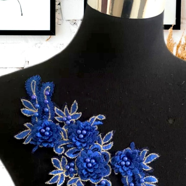 Royal blue beaded appliqué, floral lace 1 piece  for lyrical dance ballroom costumes bridal