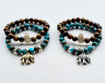Elephant Charm Bracelet Stacks, Semiprecious Soderolite and Tiger Eye Bracelet Stacks, Gold or Silver Elephant Charm Bracelet Stack