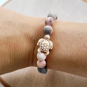 Pink/Grey Howlite, Boho Bracelet, Semiprecious Stone Bracelet, Expression Bracelet, Reconstituted Stone Turtle, Durable Stretch Cord