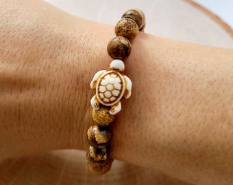 Natural Picture Jasper, Boho Bracelet, Semiprecious Stone Bracelet, Expression Bracelet, Reconstituted Stone Tortoise, Durable Stretch Cord
