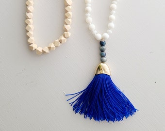 Royal Blue Tassel Necklace, Long Bead Necklace, Tassel Necklace for Women, Natural Wooden Beads, Boho Necklace, White Shell, Aqua Rondell