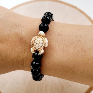 Black Jasper, Boho Bohemian Bracelet, Semi Precious Stone Bracelet, Expression Bracelet, Reconstituted Stone Turtle, Durable Stretch Cord
