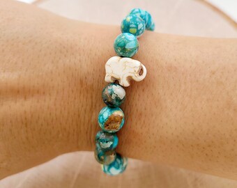Piedra reconstituida, Pulsera Boho, Pulsera de Piedra Semipreciosa, Pulsera de Expresión, Elefante de Piedra Reconstituida, Cordón Elástico Duradero