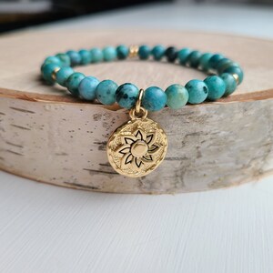 Positive Intention Gold Sunshine Charm Bracelet, Women&#39;s Delicate Durable Stretch Charm Bracelet, Turquoise Jasper Semiprecious Stone
