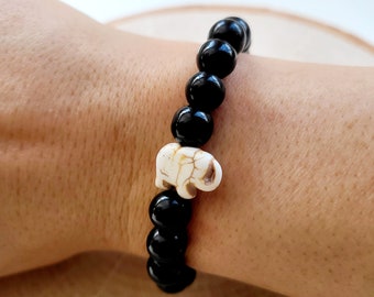 Jasper negro, pulsera Boho Boho, pulsera de piedra semipreciosa, pulsera de expresión, elefante de piedra reconstituida, cordón elástico duradero