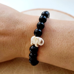 Black Jasper, Boho Bohemian Bracelet, Semi Precious Stone Bracelet, Expression Bracelet, Reconstituted Stone Elephant, Durable Stretch Cord