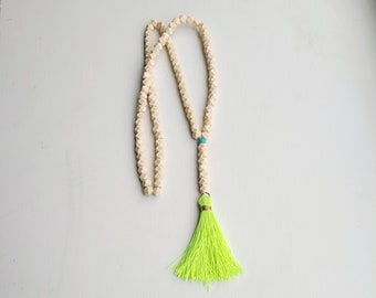 Natural Wood Long Bead Necklace, Neon Tassel Necklace, Long Bead Boho Tassel Necklace, Turquoise, Natural Wood Chic Tassel Necklace