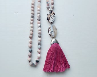Tassel Necklace, Pink Tassel Necklace, Long Bead Necklace, Pink Bead Necklace, Boho Necklace, Tassel Necklace for Women, Stone Bead Necklace