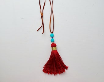 Red Tassel Necklace, Long Boho Necklace, Tassel Necklace for Women, Turquoise Beads, Boho Necklace, Flat Leather Necklace, Antique Gold