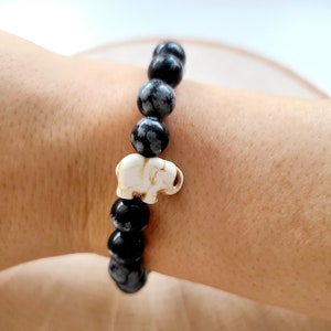Black Jasper, Boho Bohemian Bracelet, Semi Precious Stone Bracelet, Expression Bracelet, Reconstituted Stone Elephant, Durable Stretch Cord