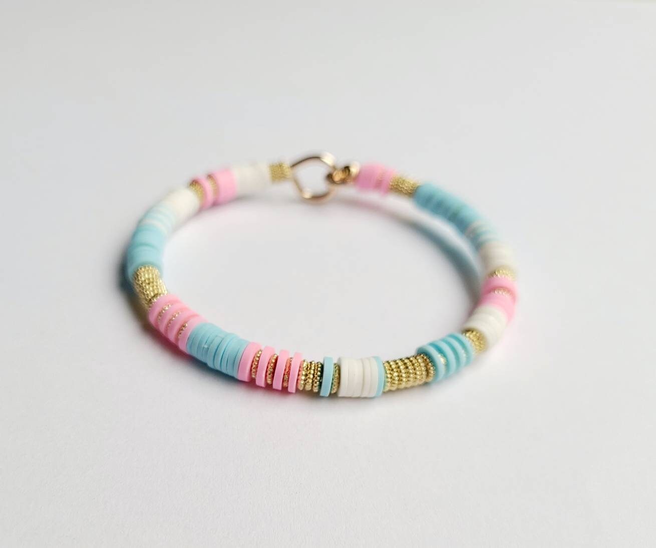 Heishi Bead Bangle Stackable Bracelet, Cotton Candy, Gold Toned Light Blue and Pink Heishi Bohemian Summer Beach Bracelet Stack