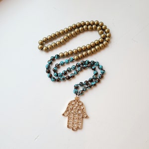 Hamsa Hand Pendant, Long Bead Necklace, Blessings Necklace, Boho Necklace, Soderolite, Semiprecious Stone, Gold Wooden Beads, Open Hand