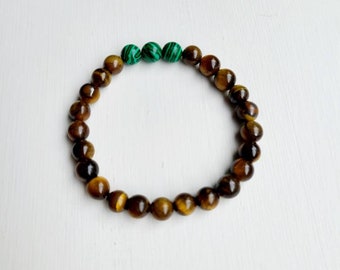 Men's Durable Tiger Eye and Green Malachite Semiprecious Stone Stretch Bracelet, Meditation Healing Stone Men's Bohemian Statement Bracelet