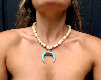Bone and Turquoise 'Expression and Life'  Crecent Horn Women's Choker Necklace, White Bone Beaded Pendant Bohemian Chic Yoga Necklace