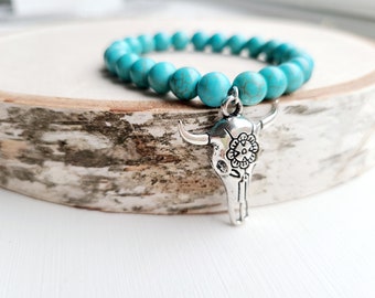 Silver Buffalo Skull Charm Bracelet for Women, Turquoise Howlite Semiprecious Stone, Boho Chic Durable Stretch Bracelet