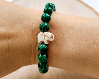 Green Malachite, Bohemian Bracelet, Semiprecious Stone Bracelet, Expression Bracelet, Reconstituted Stone Elephant, Durable Stretch Cord