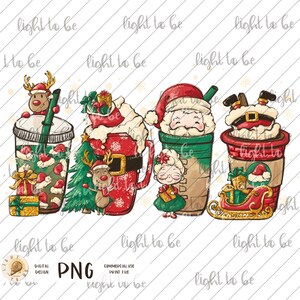 May include: A digital illustration of four festive Christmas-themed beverages. Each drink is decorated with holiday elements like reindeer, Santa, and gifts. The drinks are in a variety of cups and mugs, with whipped cream and festive straws.