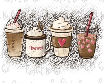 Valentine coffee lover PNG, latte iced coffee hart pink digital download, Sublimation design hand drawn Printable Graphic Clipart Tshirt