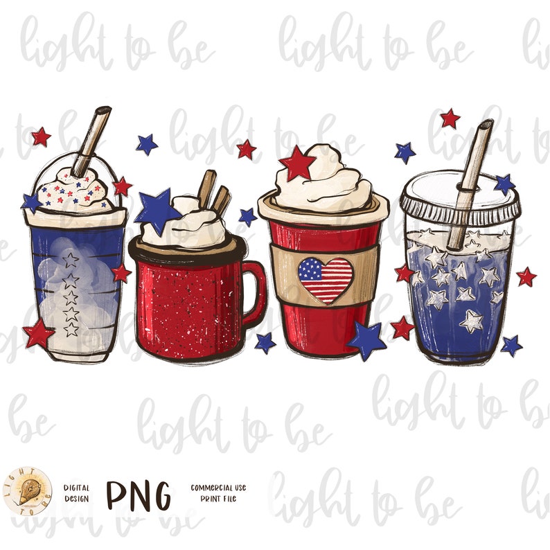 Pode incluir: Tr&ecirc;s x&iacute;caras de caf&eacute; com tema vermelho, branco e azul com chantilly e canudos. As x&iacute;caras s&atilde;o decoradas com estrelas e listras. O texto "light to be" &eacute; repetido em toda a imagem.