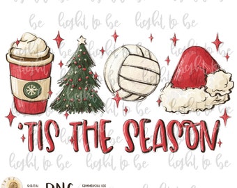 tis the season volleyball Christmas PNG, sport school, winter latte Santa presents tree coffee Love Family Sublimation design hand drawn