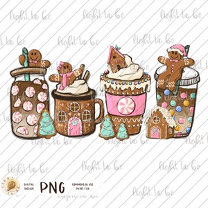 Pink Gingerbread coffee PNG, Christmas houses peppermint iced latte sweets snow cozy Sublimation design hand drawn Printable file Tshirt