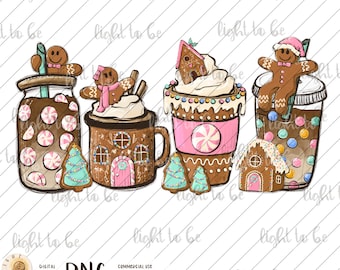 Pink Gingerbread coffee PNG, Christmas houses peppermint iced latte sweets snow cozy Sublimation design hand drawn Printable file Tshirt