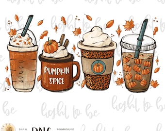 May include: Three illustrated fall-themed coffee drinks with a pumpkin spice latte, a coffee with whipped cream and a iced coffee with pumpkin spice. The drinks are decorated with fall leaves and pumpkins.