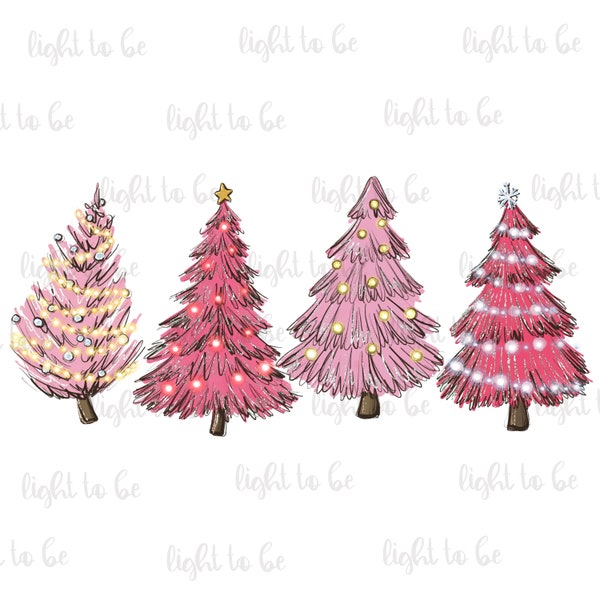 Christmas trees PNG, lights star snow pink cozy winter digital download, Sublimation design hand drawn Printable file Graphic Clipart Tshirt